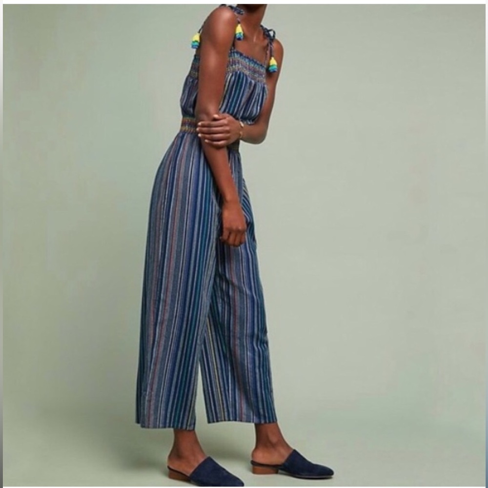 Anthropologie Laia Naomi Striped Jumpsuit Size XS Blue Tie Straps Tassel Pompoms